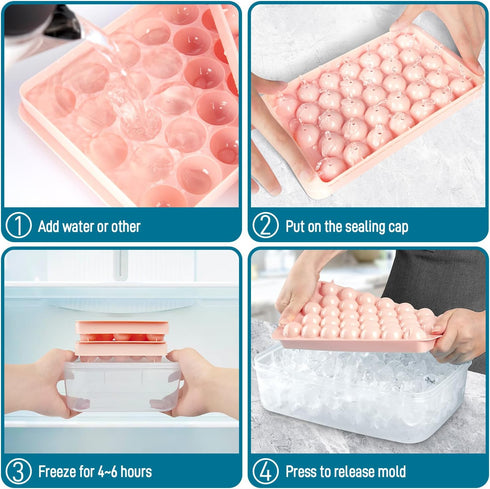 ice Cube Tray for Freezer With Lid and Bin, 1''x66 Round ice Cube Mold With Container, ice Ball Maker Mold Sphere ice Mold For whiskey, Drinks, Co...