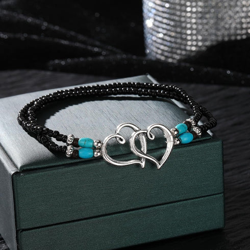 2PCS Beaded Anklets for Women with Silver Double Heart Stretch Elastic Ankle Bracelets for Women Summer Boho Jewelry...