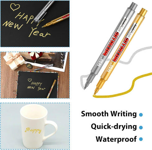 6 Pcs Upgrade Metallic Marker Pens, Gold and Silver Metallic Permanent Markers for Paper, Glass, Fabric, Rock Painting, Gift Card Making, Scrapboo...