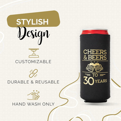 Cheers and Beers to 30 Years Can Coolers, Set of 12 - Black and Gold 30th Birthday Decorations and Party Favors for Men and Women - Cheers to 30 Y...