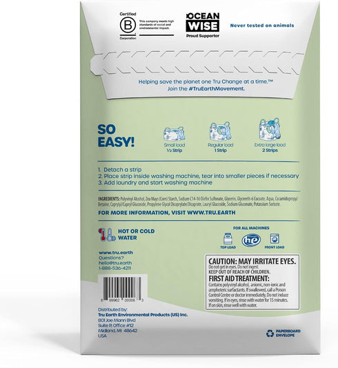 Tru Earth Compact Dry Laundry Detergent Sheets, Unscented - Up to 128 Loads (64 Sheets) - Paraben-Free - Original Eco-Strip Liquidless Laundry Det...