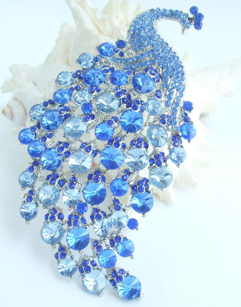 Sindary Pretty Bird 4.33" Peacock Brooch Pin Austrian Crystal BZ5651 (Silver-Tone Blue)...