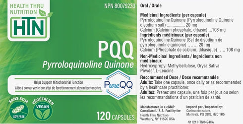 Health Thru Nutrition PQQ 20mg 120 Servings Pyrroloquinoline Quinone as PureQQ | Promotes Mitochondrial Biogenesis | Certified Vegan | Non-GMO Glu...