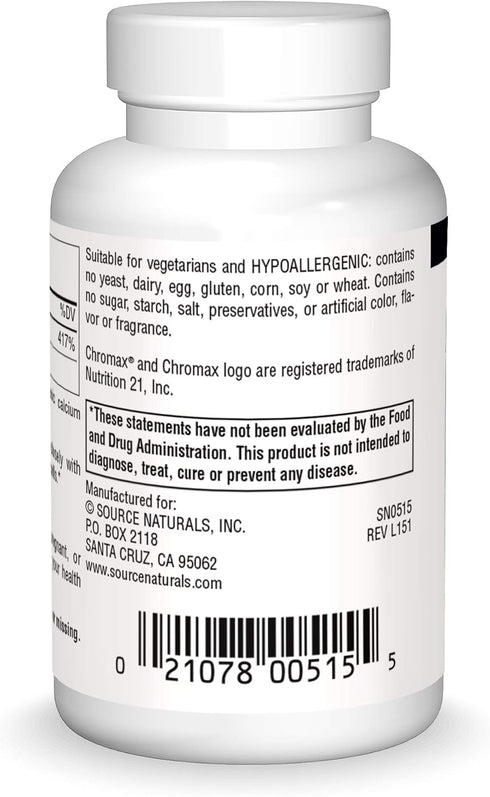 Source Naturals Ultra Chromium Picolinate 500 mcg Yeast-Free Dietary Supplement - 60 Tablets...