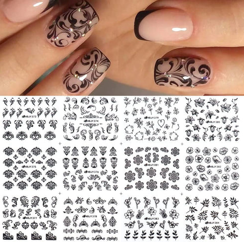 Flower Nail Stickers for Nail Art, Black Flower Leaf Nail Art Stickers 3D Self Adhesive Nail Art Supplies Floral Leaf Nail Designs for Women Nail ...