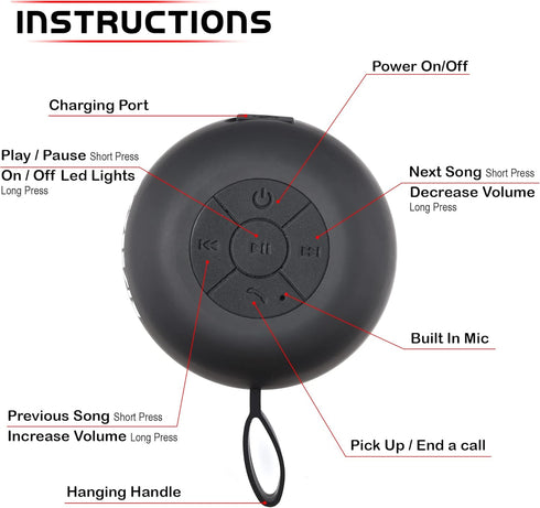 RISEBASS Water Resistant Bluetooth Shower Speaker, Handsfree Portable Speakerphone Control Buttons with LED Light, True Wireless Stereo for Bathro...