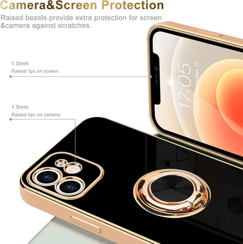 for iPhone 12 Phone Case with 360° Rotatable Finger Ring Holder Kickstand Magnetic Shiny Gold Plated Edge for Women Men Shockproof Soft TPU Protec...