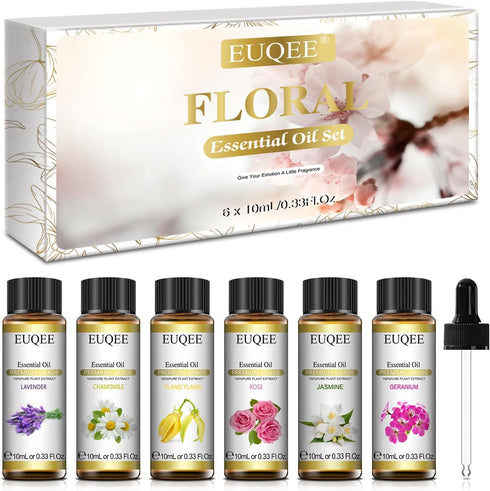 Floral Essential Oils Set of 6 Pure Essential Oil Gift Set for Diffusers, Soap & Candle Making - Lavender, Rose, Ylang Ylang, Jasmine, Geranium, C...
