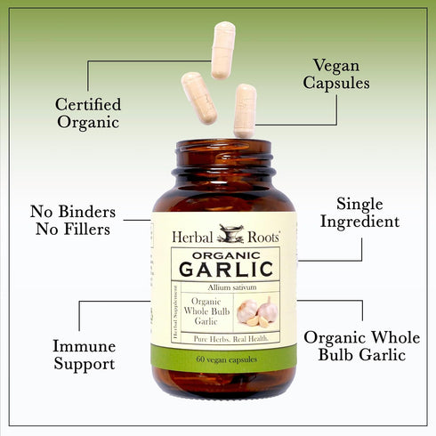Herbal Roots Organic Whole Bulb Garlic Pills - Potent Extra Strength | 600 mg - 60 Organic Vegan Capsules...