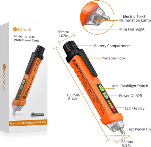 Neoteck Non-Contact AC Voltage Tester Pen, AC 12-1000V, LED Flashlight, Buzzer Alarm for Live/Null Wire Judgment...