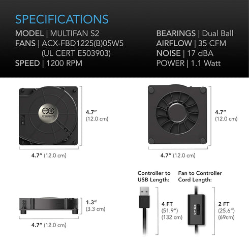 AC Infinity MULTIFAN S2, Quiet 120mm USB Blower Fan with Speed Control, UL-Certified for Receiver DVR Xbox Modem AV Cabinet Cooling...