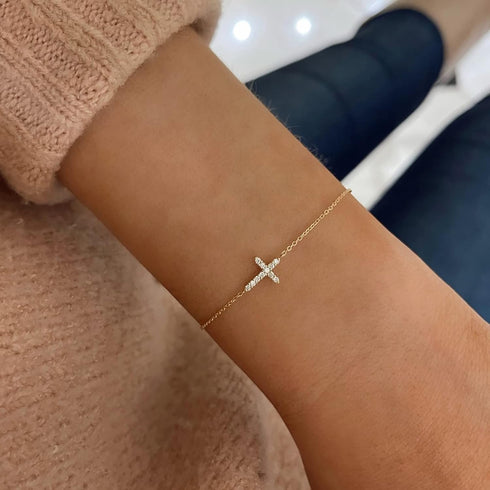 Tewiky Cross Bracelet for Women Dainty 14k Gold Cubic Zirconia Classic Tennis Bracelet Cute Gold Tiny Rope Cuban Figaro Herringbone Chain Link Bra...