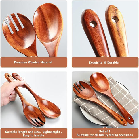 Salad Servers,Wooden Salad Tongs,10.2in Serving Utensils Set,Acacia Salad Spoon and Fork Set Long Handle Salad Server Set Wood Serving Utensils...
