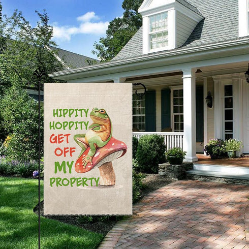 Hippity Hoppity Get Off My Property Welcome Garden Flag, Funny Frog Outdoor Farmhouse Decoration 12x18 Inch Waterproof Double Sided Printing, No T...