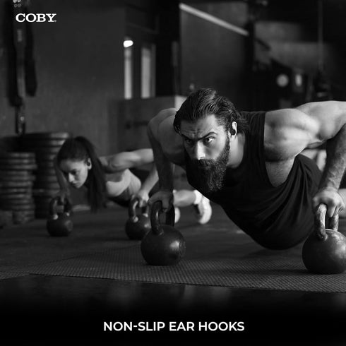 Coby True Wireless Bluetooth Earbuds | Interchangeable Ear Hooks & Tips | Sweat-Resistant |14-Hours Play Time | Drop-Proof Charging Case | Wireles...