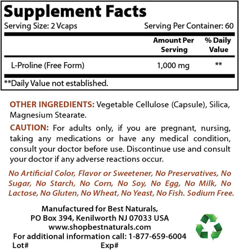 Best Naturals L-proline Amino Acid Dietary Supplement 500 Mg, 120 Count (817716014456)...