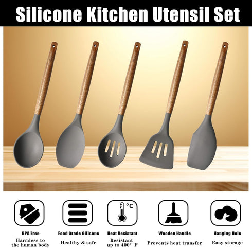 Kitchen Utensils Set, Silicone Cooking Utensils Set,Non-Stick Silicone Spatula Set with Natural Acacia Hard Wood Handle, 5 Piece, Upgraded Thicken...