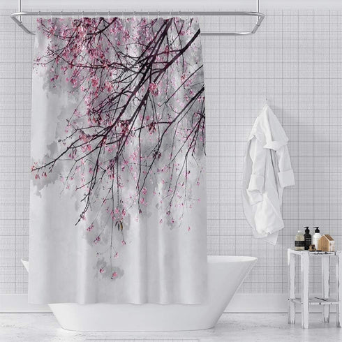 OERJU Cherry Blossoms Shower Curtain Pink Flower Japanese National Flower Bath Curtain Waterproof Polyester Fabric Bathroom Decor Set with Hooks 7...