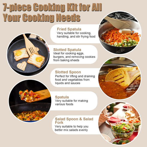 Wooden Spoons for Cooking 7-Piece - Kitchen Wooden Cooking Utensils Set with Holder Bamboo Wooden Spoons Spatula for Cooking Nonstick Bamboo Kitch...