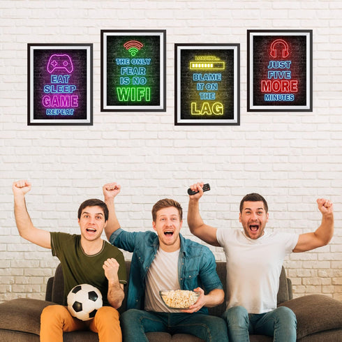 Printed Neon Gaming Posters Set of 4 (8”X 10”), Boys Room Decorations for Bedroom,Video Game Wall Art,Gamer, Teen boy bedroom, game room, No Frame...