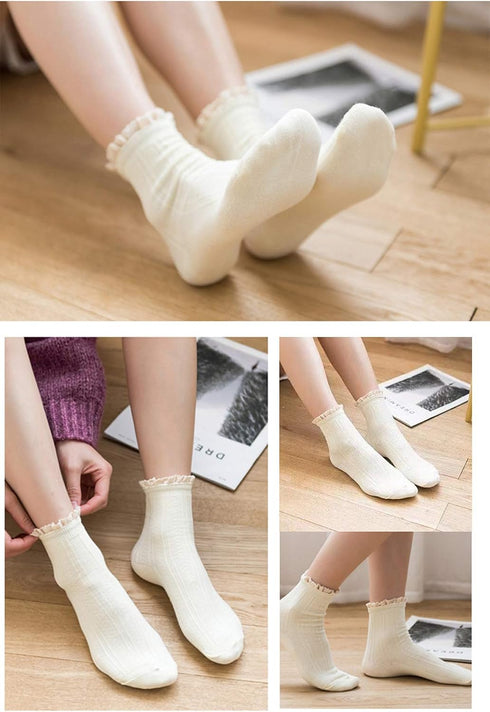 Women's Trim Ruffle Frilly Turn Cuff Socks Cute Vintage Dress Socks Crew Ankle Boot Socks...