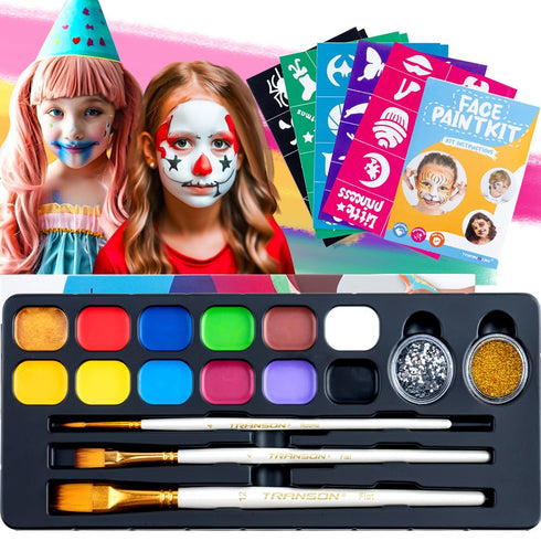Transon 12colors Face Painting Kit for Kids Adults Non-toxic Water-based Paint with Brushes Stencils and Glitters...