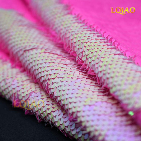 2021 Shimmer Mermaid Neon Pink Iridescent Sequin Fabric Reversible Elegant Fabric Flip Up Sequin Fabric by The Half Yard for DIY...