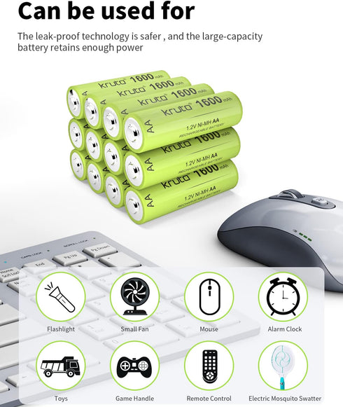 Kruta Ni-MH AA Rechargeable Batteries, Double A 1600mAh High Capacity 1.2V Pre-Charged for Garden Landscaping Outdoor Solar Lights, String Lights,...