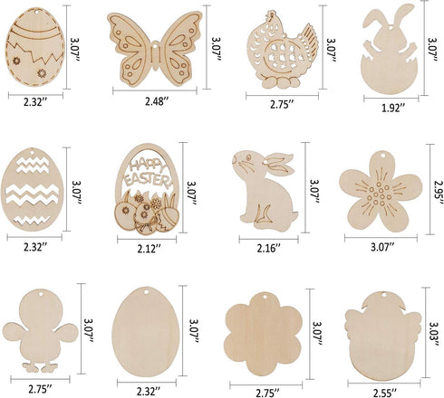 Max Fun 60PCS Wood Cutouts for Crafts Unfinished Ornaments DIY with Bunny to Paint for Kids Party Decorations Decor with Hanging Egg Shapes & Draw...