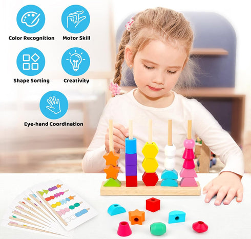 Montessori Toys for 2 3 4 Year Old Kid Boy Girl Toddler, Montessori Wooden Beads Sequencing Toy Set, Lacing Beads & Stacking Block & Matching Shap...