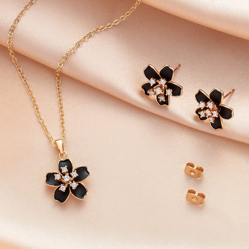 EVEVIC Cherry Blossom Flower Necklace Earrings Set for Women 18K Gold Plated Hypoallergenic Jewelry Sets (Black)...