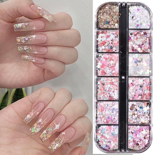 12 Grids Nail Art Glitter Sequins, Holographic Hexagon Chunky Nail Glitter Shiny Heart Mermaid Nail Flakes Sequins Nail Art Supplies Hexagon Nail ...