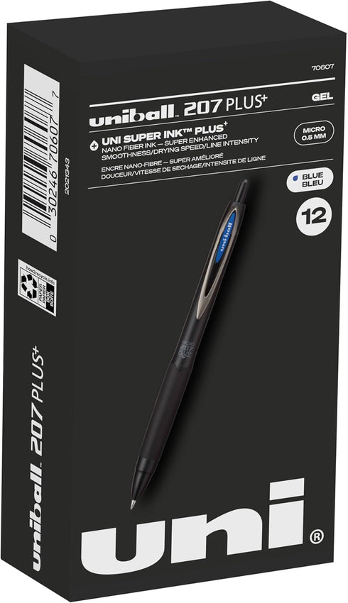 uni-ball 207 Plus+ Retractable Rollerball Gel Pens 12 Pack in Blue with 0.5mm Micro Point Pen Tips - Uni-Super Ink+ is Smooth, Vibrant, and Protec...