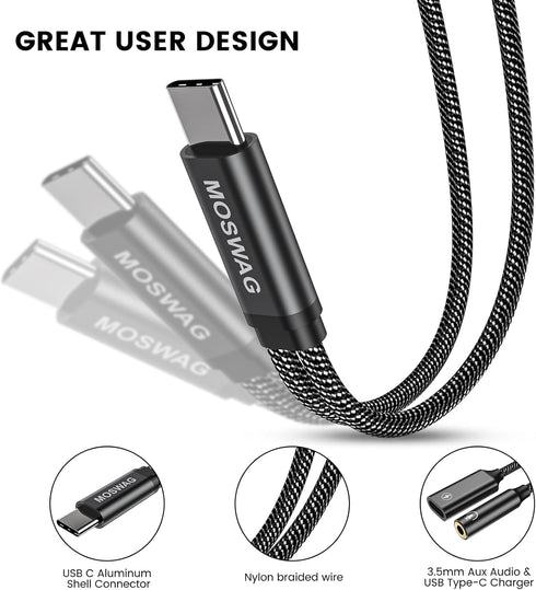MOSWAG USB C to 3.5mm Headphone and Charger Adapter, 2-in-1 USB C to Aux Audio Jack Hi-Res DAC and Fast Charging Dongle Cable Compatible with Pixe...