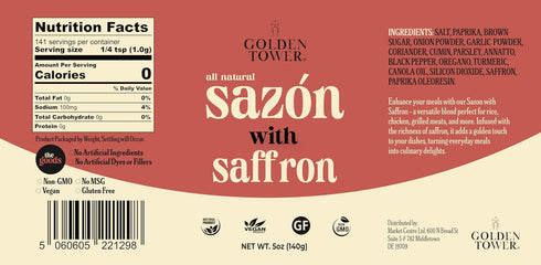Golden Tower Sazon with Saffron - Sazón Seasoning, All Natural ingredients, Non-GMO, No-MSG, Gluten Free, Vegan, 5oz Pack...