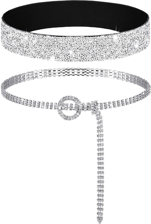 Pangda 2 Pcs Women Stretchy Rhinestone Dress Glitter Belts O Ring Buckle Bling Diamond Belts for Women Shiny Party...