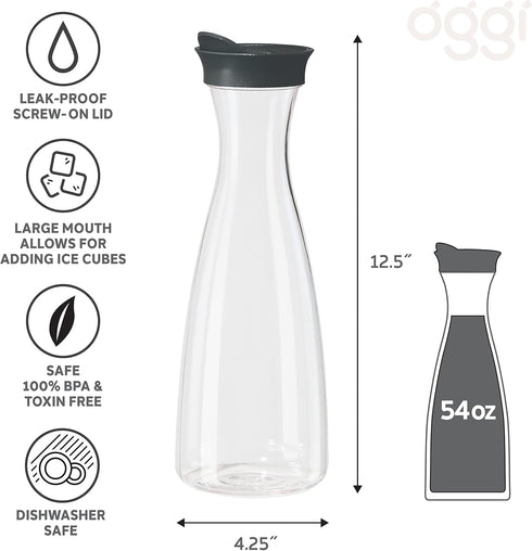 OGGI Clear Carafe w/Flip Open Lid - Ideal Juice Bottle, Clear Pitcher with Lid, Tea Pitcher, Water Carafe, 1.6 Lt(54Oz), Black...