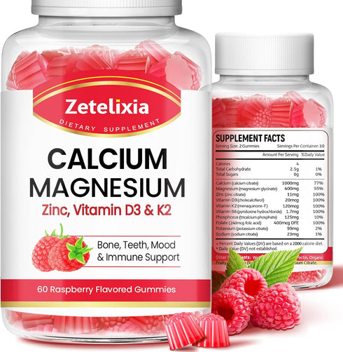 Sugar Free Calcium Gummies for Women Men, Calcium Magnesium Zinc with Vitamin D3 & K2, Calcium Magnesium Supplement for Bones Muscles and Joints, ...