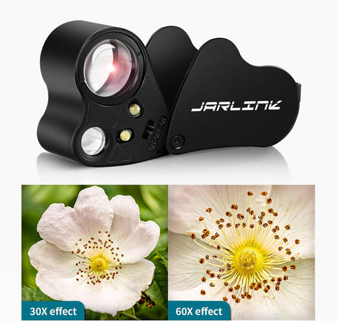 JARLINK 30X 60X Illuminated Jewelers Loupe Magnifier, Foldable Jewelry Magnifier with Bright LED Light for Gems, Jewelry, Coins, Stamps, etc...