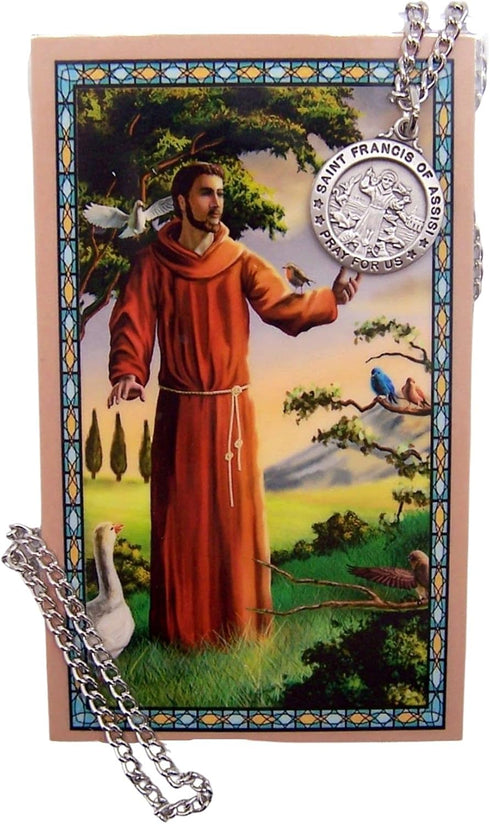 St. Francis of Asssisi Pewter Medal Pendant with Prayer Card 3/4"...