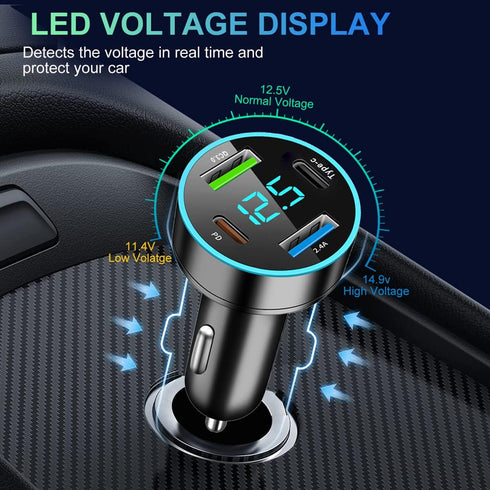 65W Car Charger 4 Port USB Car Charger Adapter PD QC3.0 Cigarette Lighter USB Charger with LED Voltmeter Fast Car Charger Compatible with Samsung ...