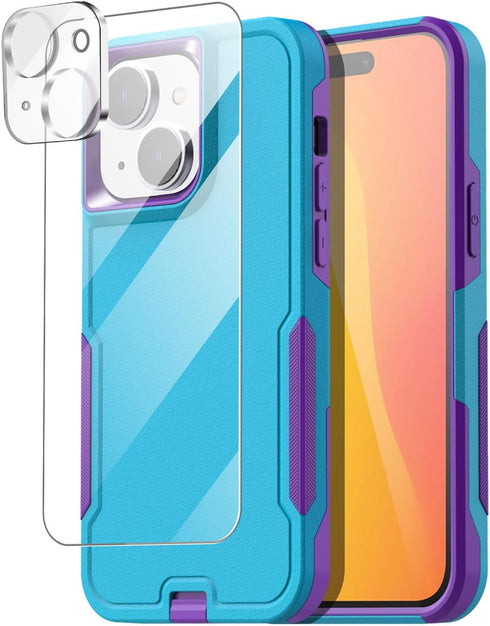 AICase for iPhone 15 Case with Glass Screen Protector+Camera Lens,Heavy Duty Drop Protection Full Body Rugged Shockproof Military Protective Tough...