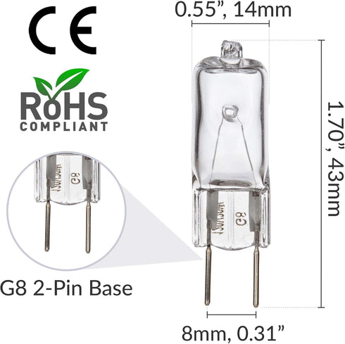 Simba Lighting Halogen Light Bulb G8 T4 35W JCD Bi-Pin (10 Pack) Longer 1.7" Length for Kitchen Hood, Landscape Lights, Desk and Floor Lamps, Wall...