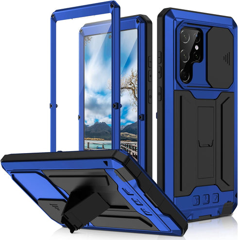 Samsung Galaxy S22 Ultra 5G 2022 Rugged case with Screen Protector Stand Camera Slide Cover for Samsung S22 Ultra Metal Military Sturdy Armour Sho...