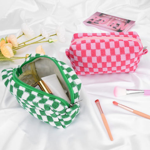 2 Pieces Makeup Bag Pouch Checkered Cosmetic Bag Pink Green, Travel Toiletry Bag Organizer Cute Makeup Brushes Storage Bag for Women...