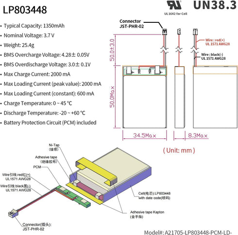 EEMB 3.7V Lipo Battery 1350mAh 803448 Lithium Polymer ion Battery Rechargeable Lithium ion Polymer Batteries with JST Connector-Confirm Polarity B...
