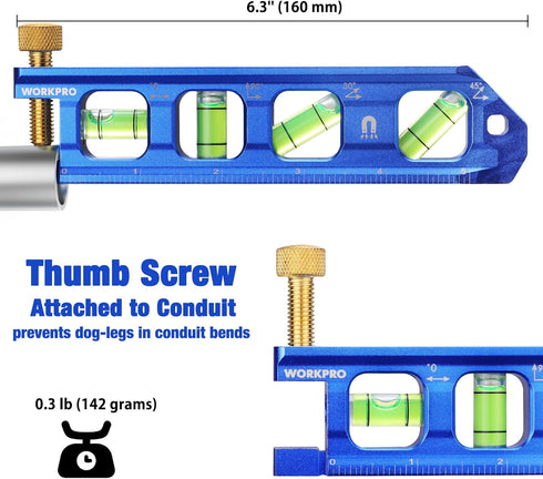 WORKPRO Conduit Bending Level, Magnetic Torpedo Level, Pipe Level, Bubble Vials for 0°/90°/30°/45° Measurements, Aluminum Alloy Construction, 6.3-...
