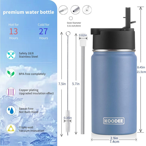 koodee Water Bottle with Straw-12 oz Stainless Steel Double Wall Vacuum Insulated Water Bottle for School, BPA Free (Royal Blue)...