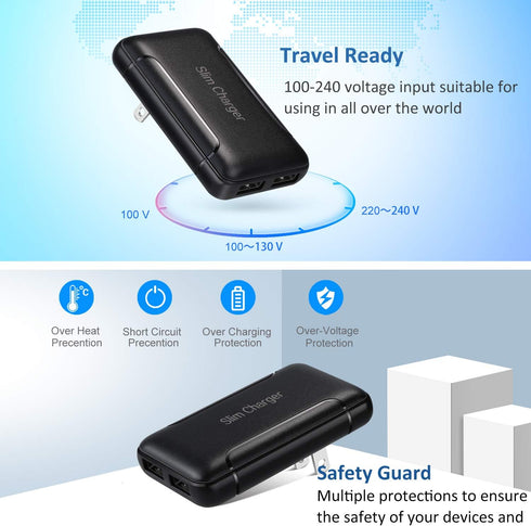 Slim Flat USB Wall Charger,Pofesun 3A/5V Dual Port 15W Wall Charger Adapter, USB Charger Block with Foldable Plug, Charging Box Brick, Cube for iP...