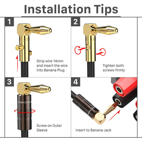 FosPower Right Angle Banana Plugs (6 Pairs / 12 pcs), Closed Screw 24K Gold Plated Banana Speaker Plug Connectors for Speaker Wire, Wall Plate, Ho...